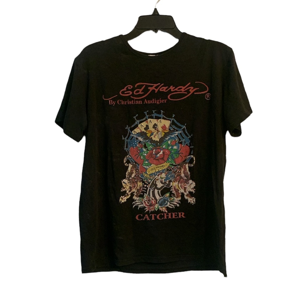 Y2K Ed Hardy Catcher Black Distressed Rhinestone Top Large